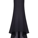 Black fishtail maxi skirt by Stolen Stores, flowing fabric with a fitted waist and elegant fishtail silhouette.