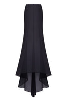 Black fishtail maxi skirt by Stolen Stores, flowing fabric with a fitted waist and elegant fishtail silhouette.