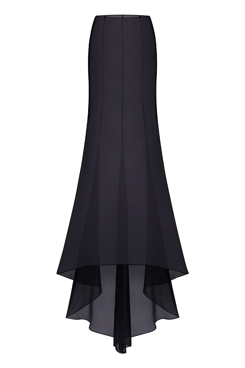 Black fishtail maxi skirt by Stolen Stores, flowing fabric with a fitted waist and elegant fishtail silhouette.