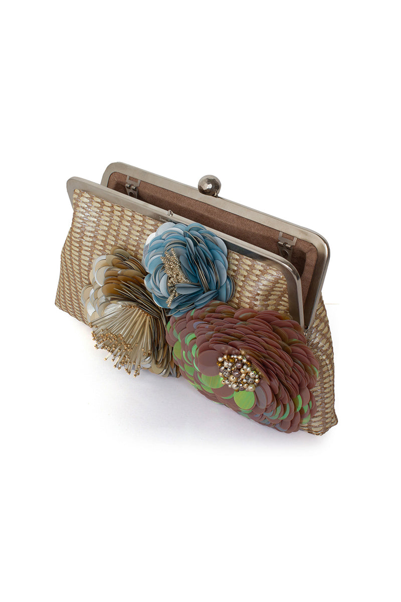 Sarah's Bag Flora Pastel Classic Clutch open side view showing pastel floral design and elegant structured style.