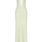 Green CULT MIA X Stolen Stores classic maxi slip dress displayed on a hanger, showcasing its elegant, flowing fabric and minimalist design.