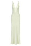 Green CULT MIA X Stolen Stores classic maxi slip dress displayed on a hanger, showcasing its elegant, flowing fabric and minimalist design.