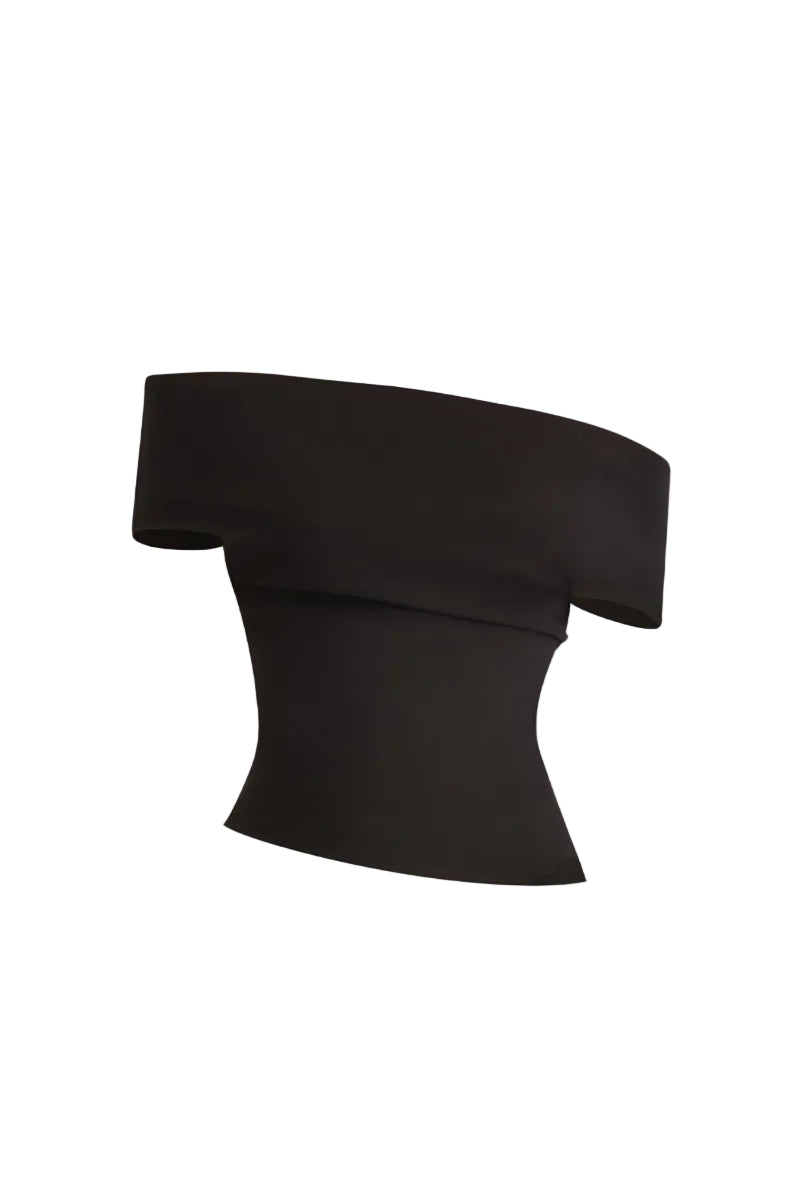 Black classic off-shoulder top from Stolen Stores, featuring a fitted design and wide neckline, perfect for casual or dressy looks.