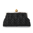 Black satin clutch featuring intricate pomegranate smocking design by Sarah's Bag, perfect for elegant occasions.