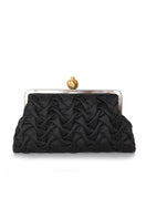 Black satin clutch featuring intricate pomegranate smocking design by Sarah's Bag, perfect for elegant occasions.