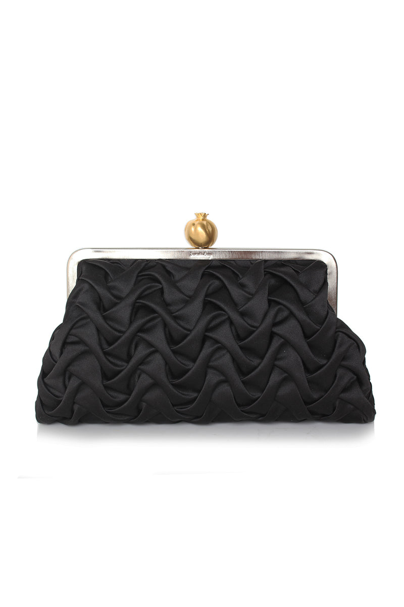 Black satin clutch featuring intricate pomegranate smocking design by Sarah's Bag, perfect for elegant occasions.