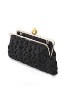 Black satin clutch with pomegranate smocking detail, open side design, by Sarah's Bag, elegant evening accessory.
