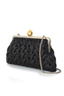 Black satin clutch featuring intricate pomegranate smocking design by Sarah's Bag, with a sleek and elegant appearance.