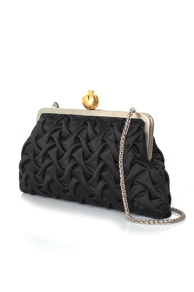 Black satin clutch featuring intricate pomegranate smocking design by Sarah's Bag, with a sleek and elegant appearance.