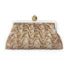 Sarah's Bag clutch featuring a pomegranate design with gold smocking, a stylish and elegant accessory for special occasions.