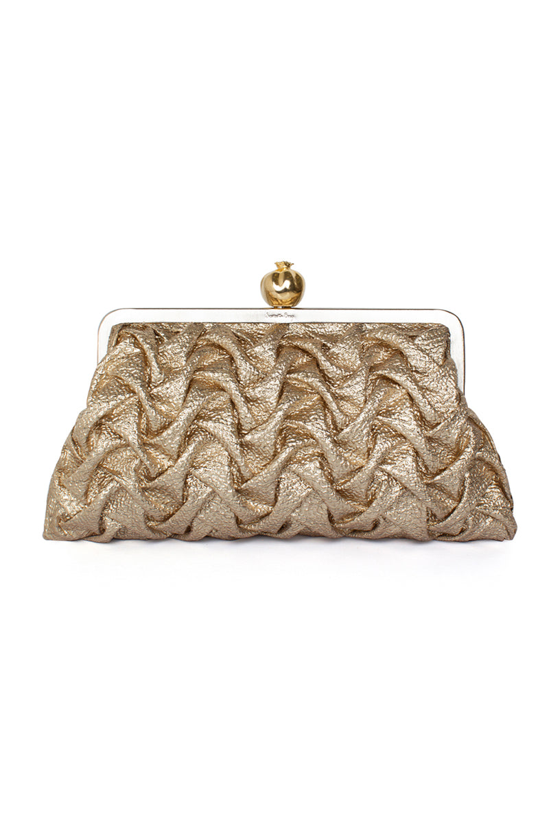 Sarah's Bag clutch featuring a pomegranate design with gold smocking, a stylish and elegant accessory for special occasions.
