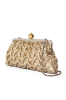 Sarah's Bag classic clutch with pomegranate design and gold smocking, featuring a sleek side view of the elegant clutch.