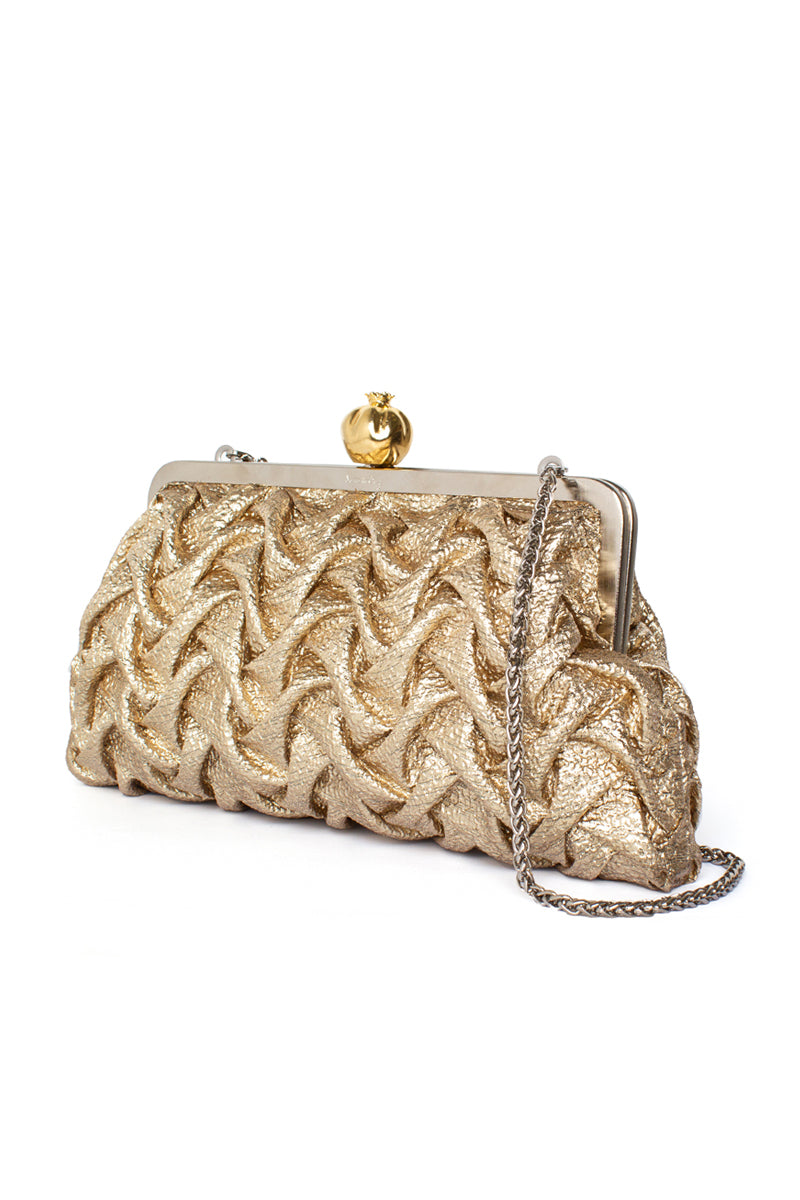 Sarah's Bag classic clutch with pomegranate design and gold smocking, featuring a sleek side view of the elegant clutch.