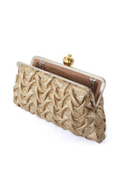 Sarah's Bag pomegranate smocking clutch with gold accents, open side view showcasing elegant design and craftsmanship.