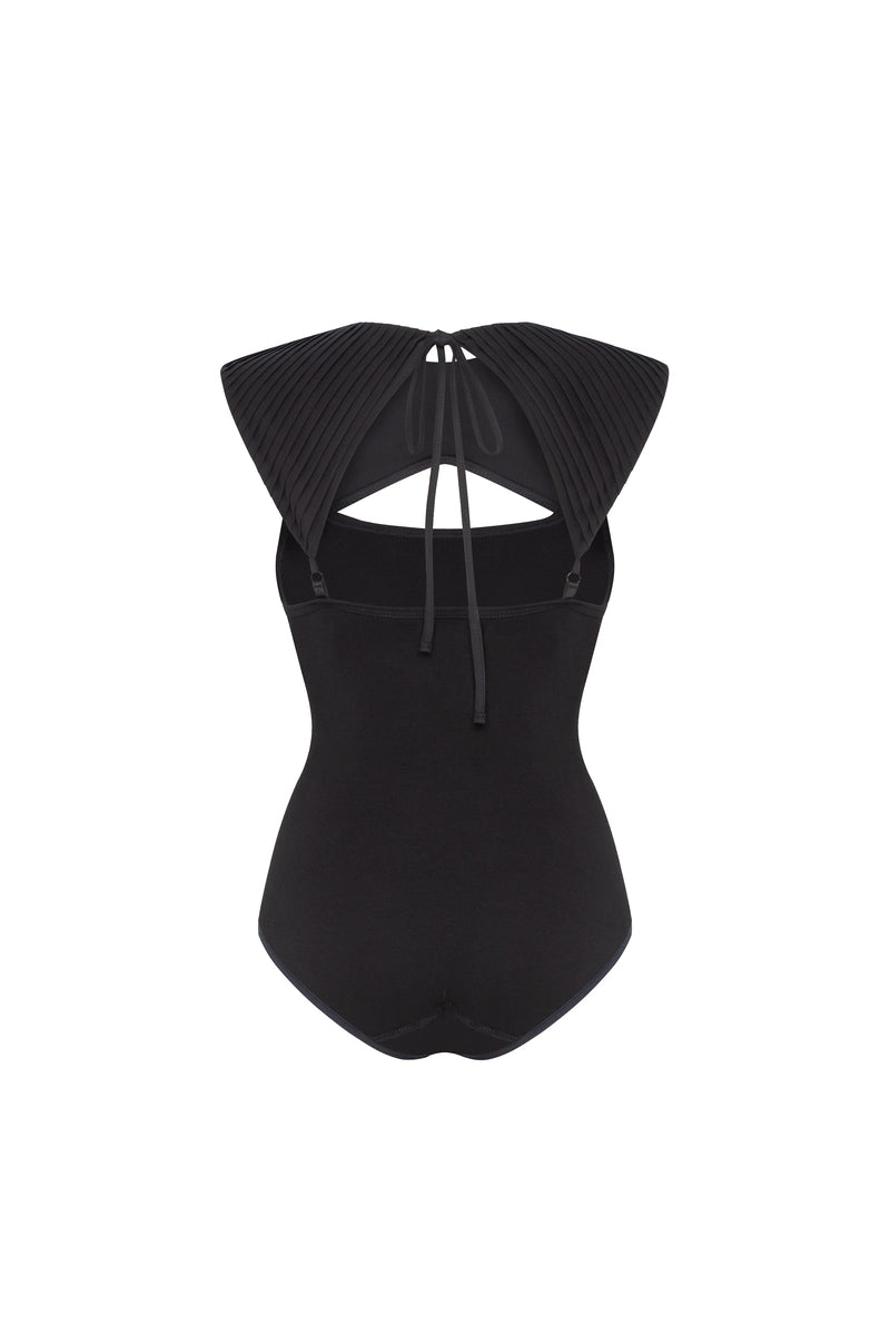 Black Claudia bodysuit by Tamar Keburia, stylish top with fitted design, shown on a model.