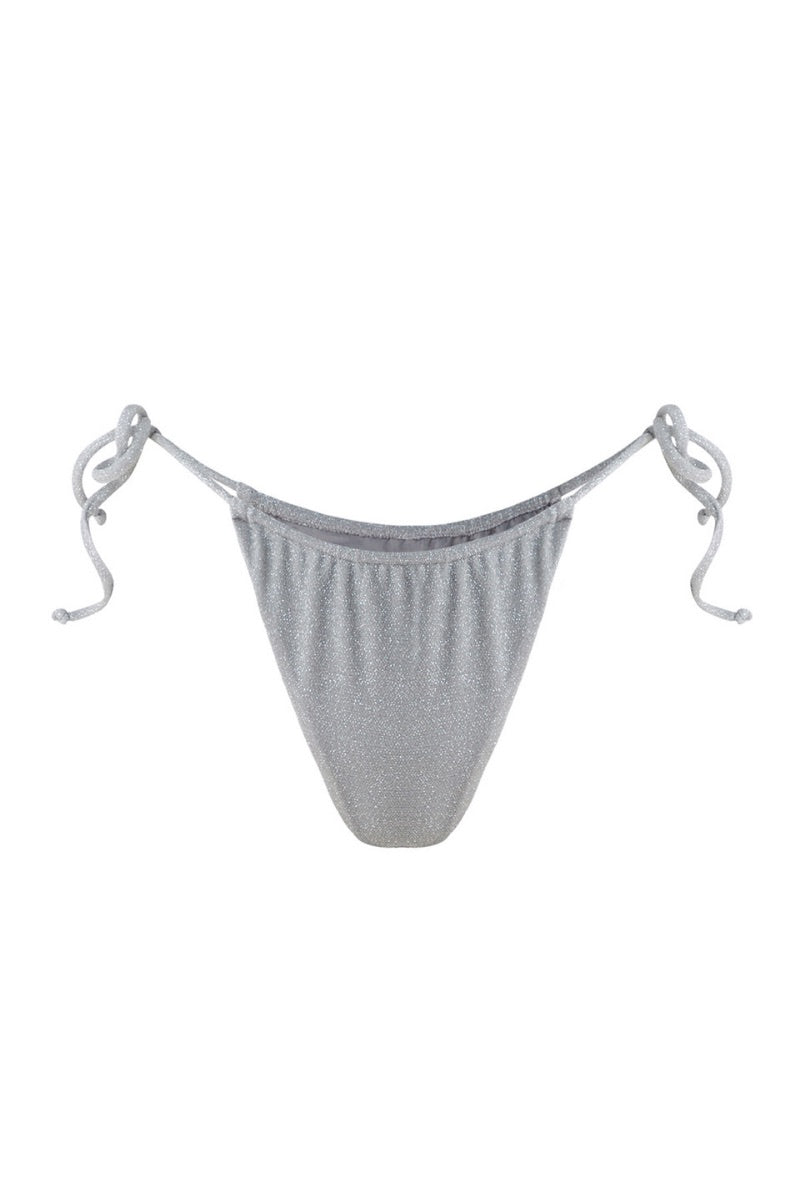 Suncillo Claudia silver gray bikini bottom with sleek, minimal design shown on a model, perfect for beach or poolwear.