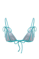 Turquoise Claudia bikini top by Suncillo with adjustable straps and molded cups, displayed on a white background.
