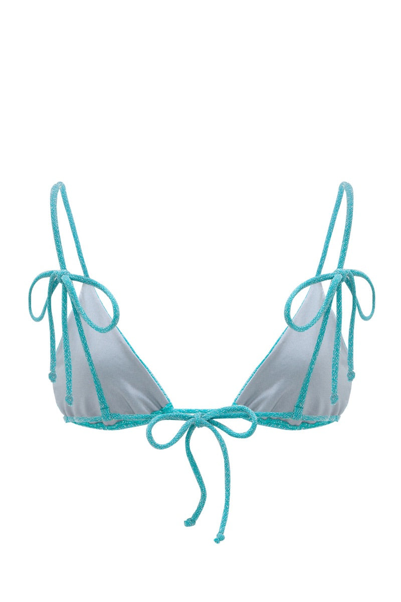 Turquoise Claudia bikini top by Suncillo with adjustable straps and molded cups, displayed on a white background.