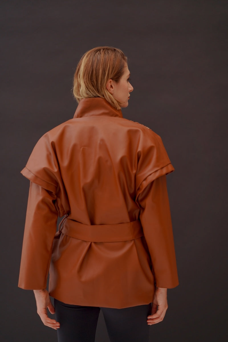 Nadya Shah Cleo faux leather belted jacket, stylish black jacket with a belt and lapel collar, perfect for a trendy look.