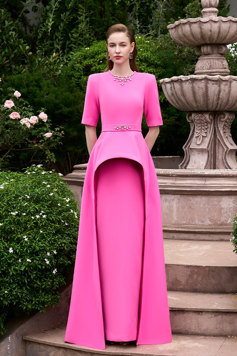 COLUMN EVENING GOWN WITH ELBOW LENGTH SLEEVES AND ATTACHED MULLET PEPLUM - CULT MIA