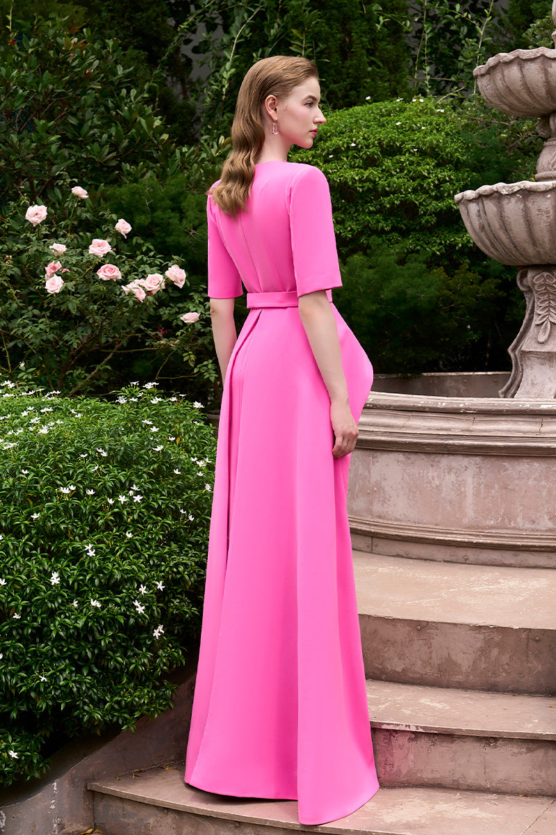 COLUMN EVENING GOWN WITH ELBOW LENGTH SLEEVES AND ATTACHED MULLET PEPLUM - CULT MIA