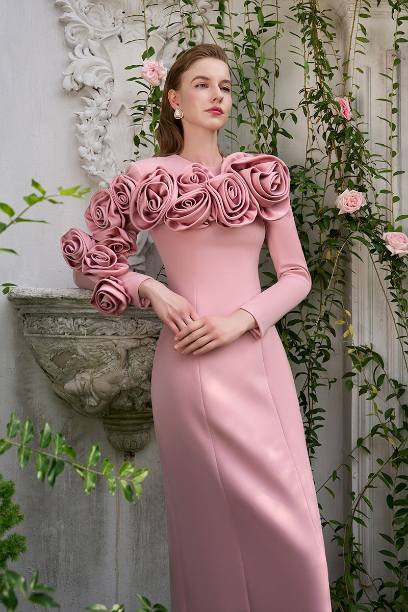 COLUMN GOWN WITH LONG SLEEVES AND ATTACHED DRAPED ROSE - CULT MIA