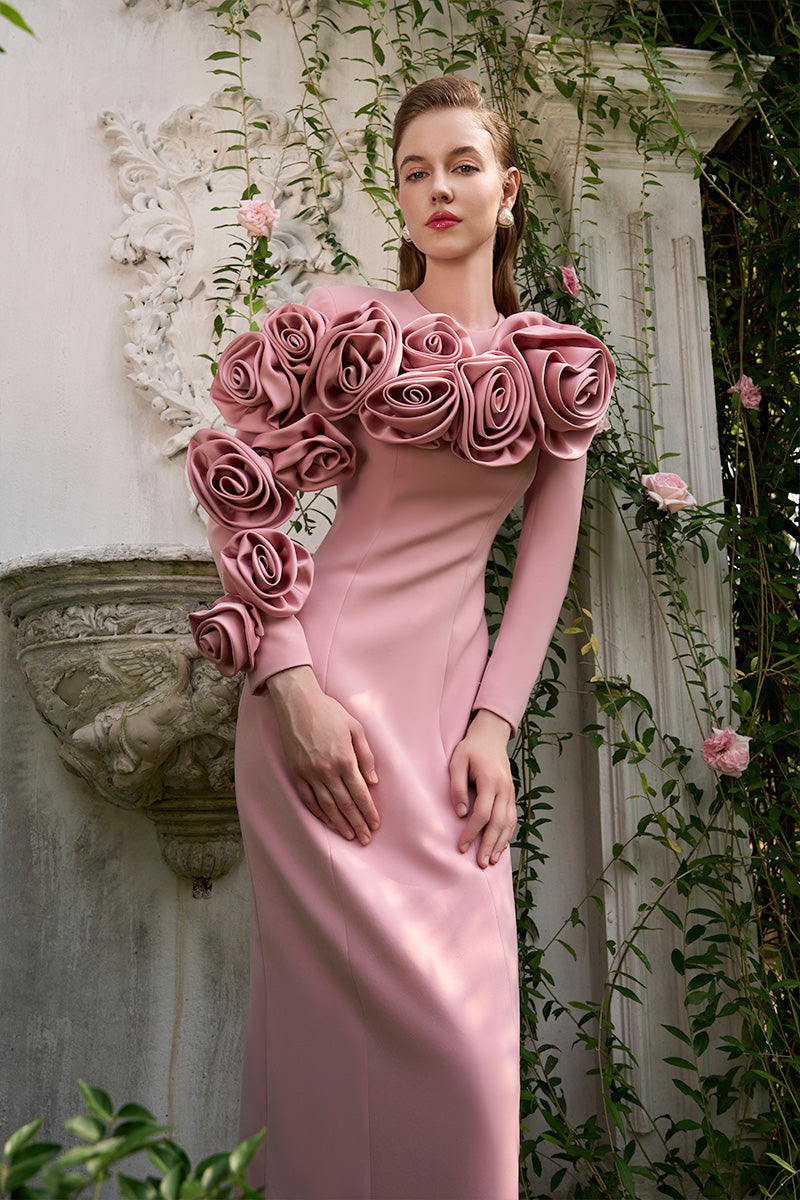 COLUMN GOWN WITH LONG SLEEVES AND ATTACHED DRAPED ROSE - CULT MIA