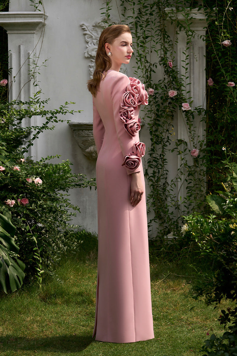 COLUMN GOWN WITH LONG SLEEVES AND ATTACHED DRAPED ROSE - CULT MIA