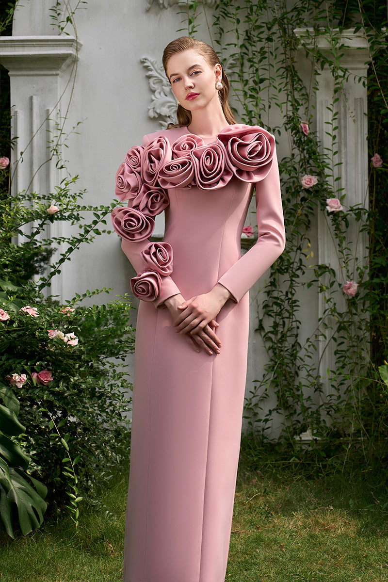 COLUMN GOWN WITH LONG SLEEVES AND ATTACHED DRAPED ROSE - CULT MIA