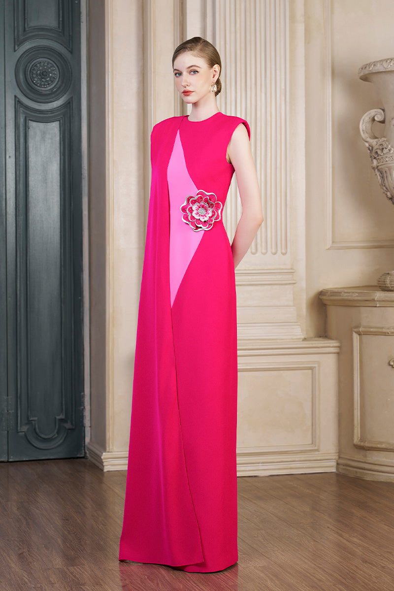 FUCHSIA COLUMN GOWN WITH ATTACHED ONE SHOULDER LONG CAPE - CULT MIA