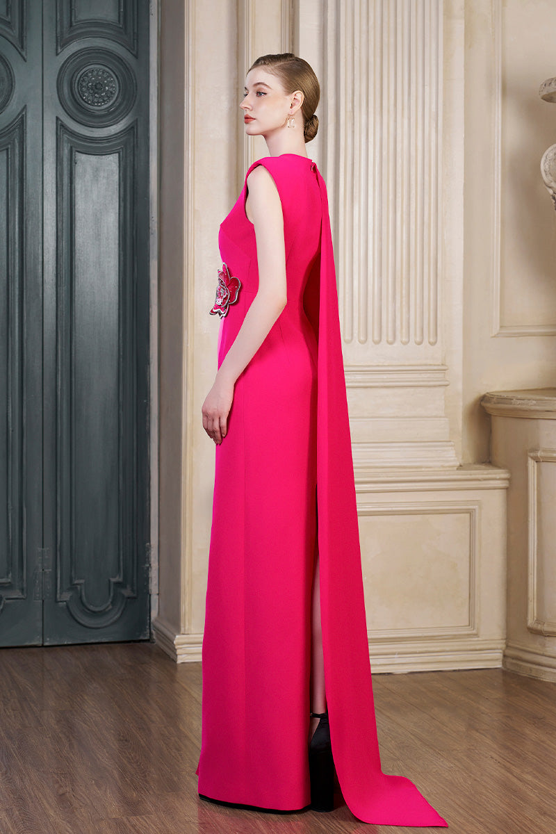 FUCHSIA COLUMN GOWN WITH ATTACHED ONE SHOULDER LONG CAPE - CULT MIA