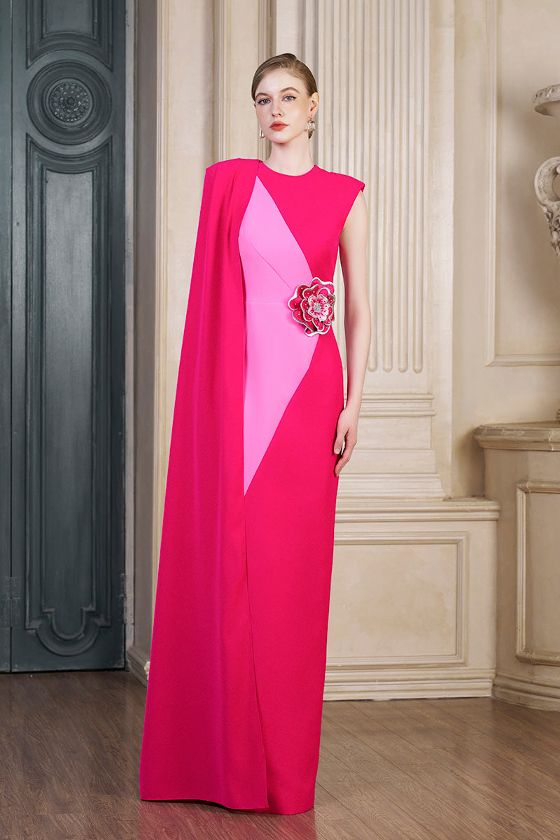 long fuchsia dress FUCHSIA COLUMN GOWN WITH ATTACHED ONE SHOULDER LONG CAPE | CULT MIA