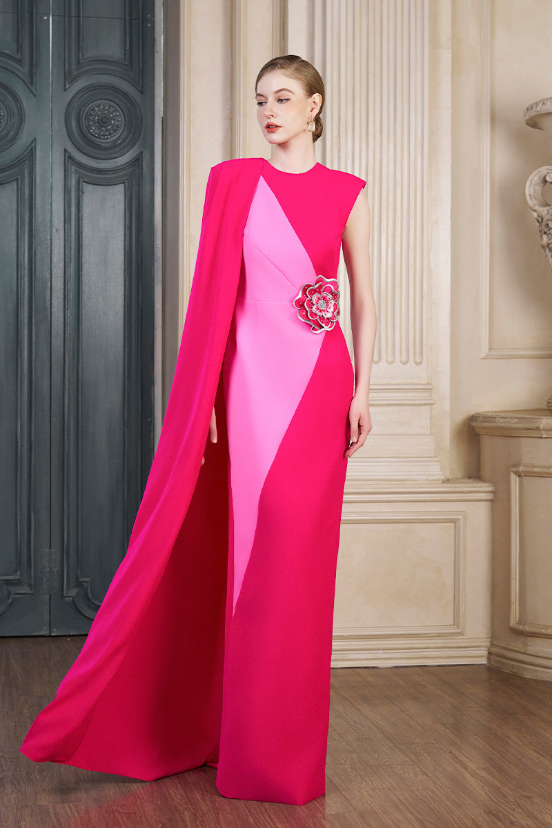FUCHSIA COLUMN GOWN WITH ATTACHED ONE SHOULDER LONG CAPE - CULT MIA