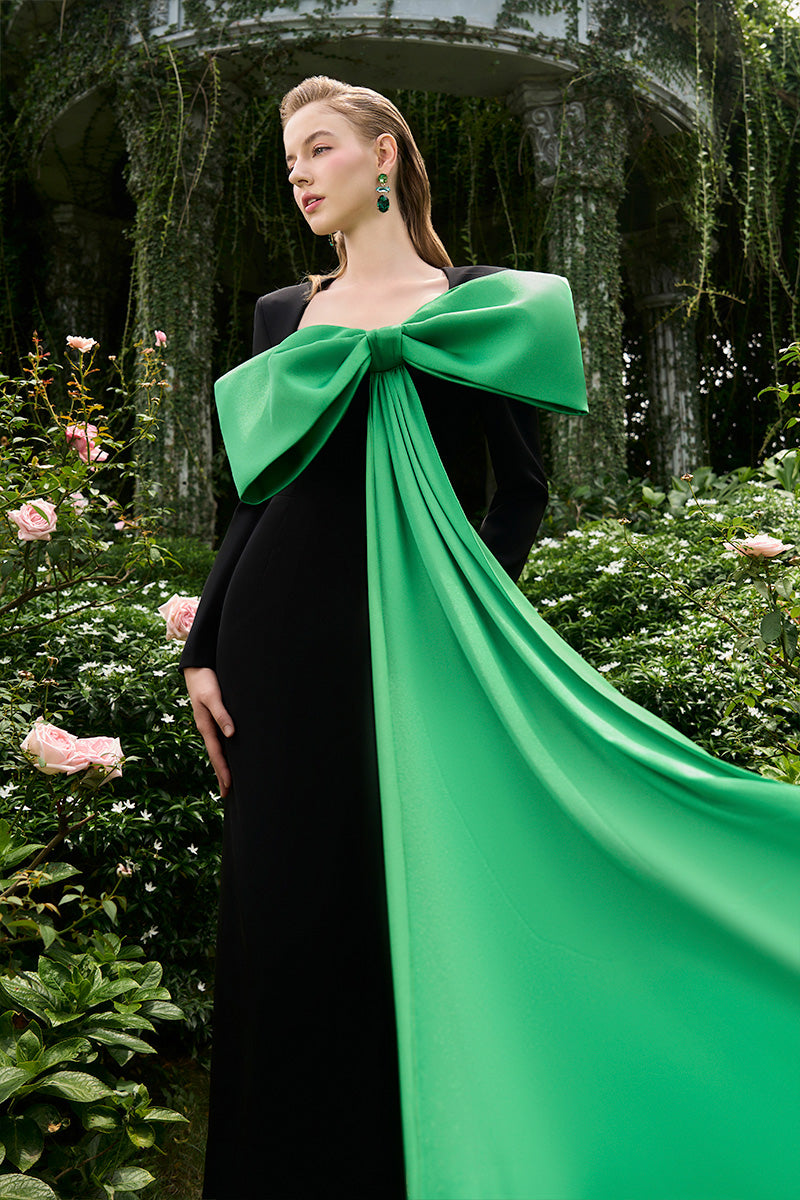 COLUMN EVENING GOWN WITH TRAPEZE NECKLINE AND ATTACHED LARGE BOW - CULT MIA