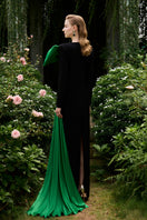 I.H.F column evening gown with trapeze neckline and large attached bow, elegant formal dress for special occasions.