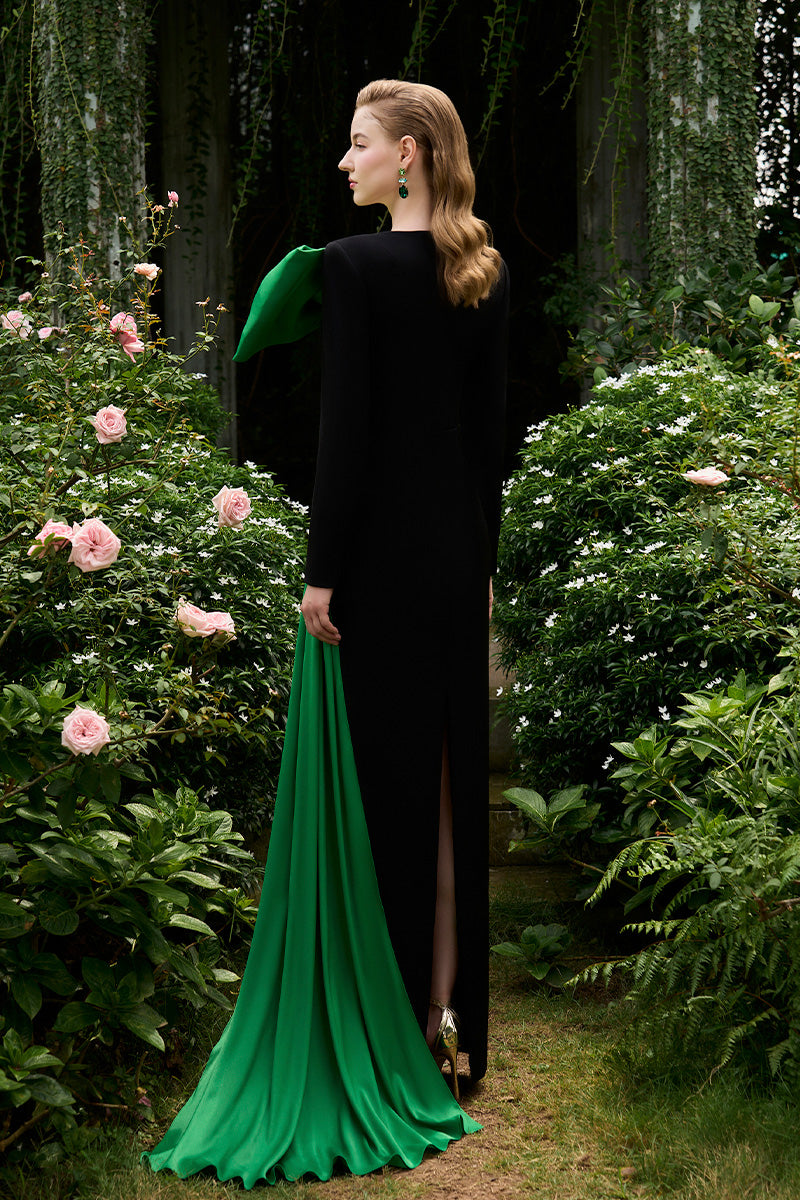 I.H.F column evening gown with trapeze neckline and large attached bow, elegant formal dress for special occasions.