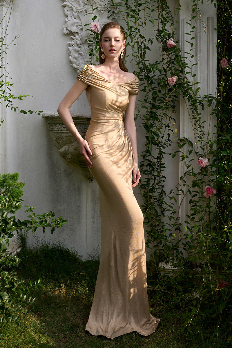 CHAMPAGNE COLUMN EVENING GOWN WITH DRAPED DETAILS - CULT MIA