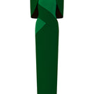 Green I.H.F column gown with color patches and off-shoulder pads, featuring a sleek evening gown design.