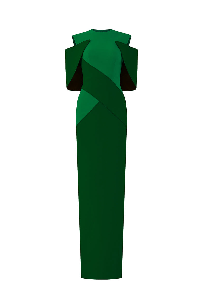 GREEN COLUMN GOWN WITH COLOR PATCHED AND OFF-SHOULDER PADS - CULT MIA