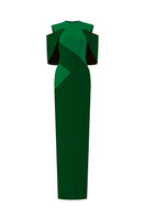 Green I.H.F column gown with color patches and off-shoulder pads, featuring a sleek evening gown design.