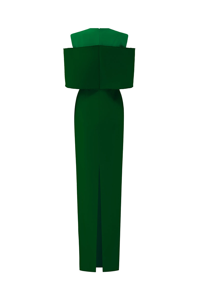 GREEN COLUMN GOWN WITH COLOR PATCHED AND OFF-SHOULDER PADS - CULT MIA