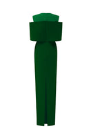 Green column gown with color patches and off-shoulder pads, stylish evening dress by I.H.F, featuring a sleek silhouette and vibrant accents.