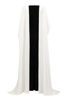 White draped shoulder evening gown by I.H.F featuring a flowing column design with elegant draped ribbon over the shoulder.