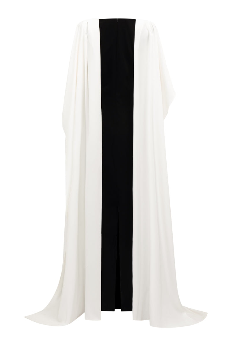 White draped shoulder evening gown by I.H.F featuring a flowing column design with elegant draped ribbon over the shoulder.