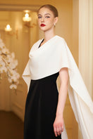 White draped shoulder evening gown by I.H.F featuring elegant ribbon detail and a sleek column silhouette.