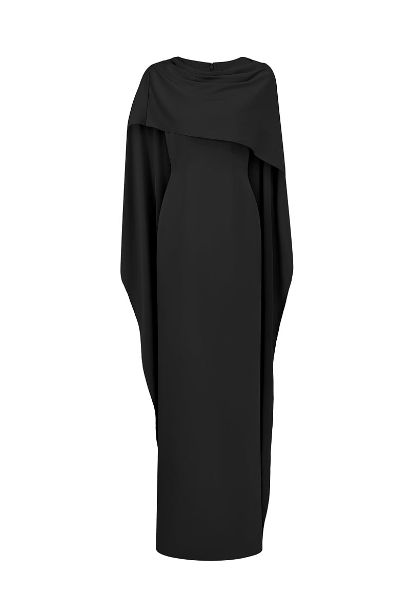 BLACK COLUMN GOWN WITH DRAPED RIBBON OVER THE SHOULDER - CULT MIA