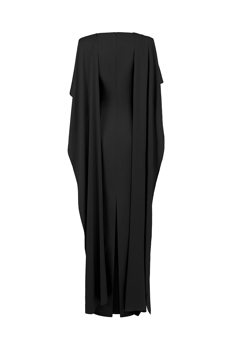 BLACK COLUMN GOWN WITH DRAPED RIBBON OVER THE SHOULDER - CULT MIA