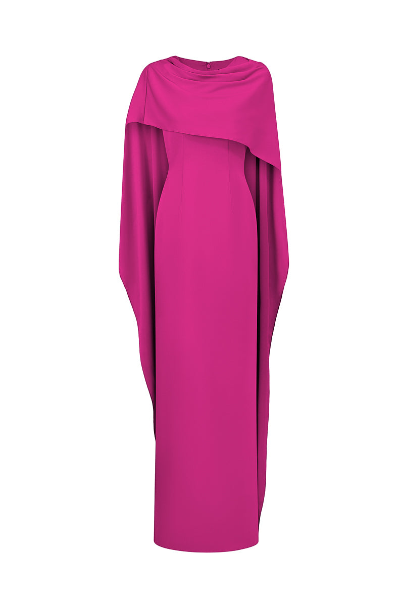 FUCHSIA COLUMN EVENING GOWN WITH DRAPED RIBBON OVER THE SHOULDER - CULT MIA