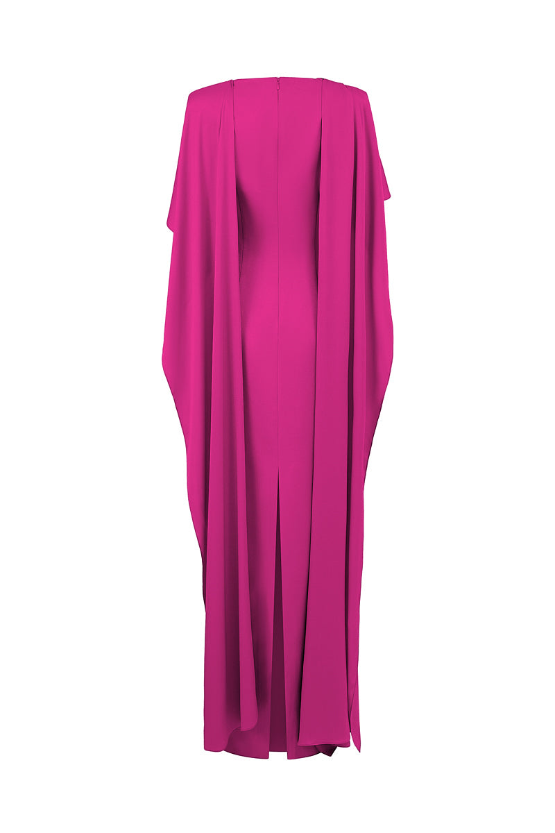 FUCHSIA COLUMN EVENING GOWN WITH DRAPED RIBBON OVER THE SHOULDER - CULT MIA