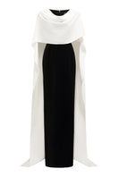 White draped shoulder evening gown by I.H.F featuring a column silhouette and elegant ribbon detail over the shoulder.